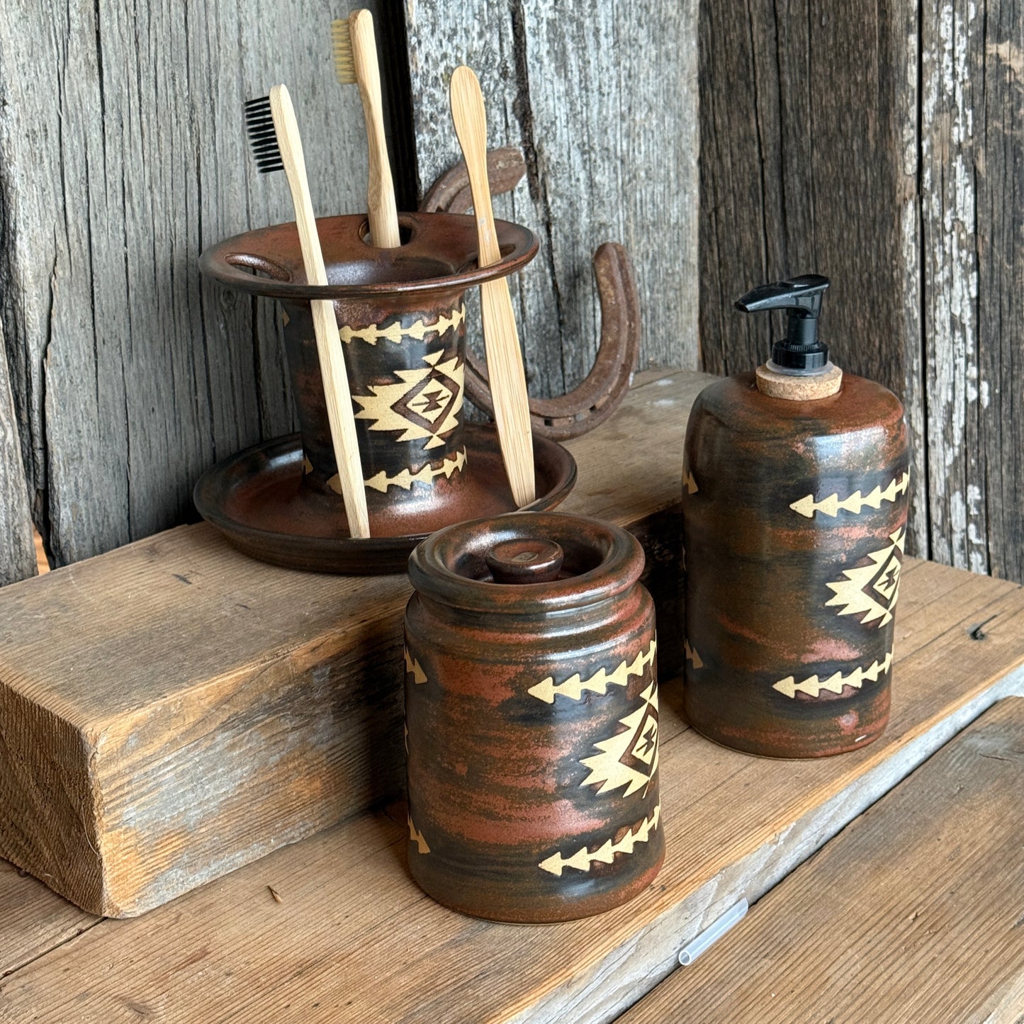 Bathroom Set of 3 - Soap Bottle, canister, and toothbrush holder - Southwestern Copper
