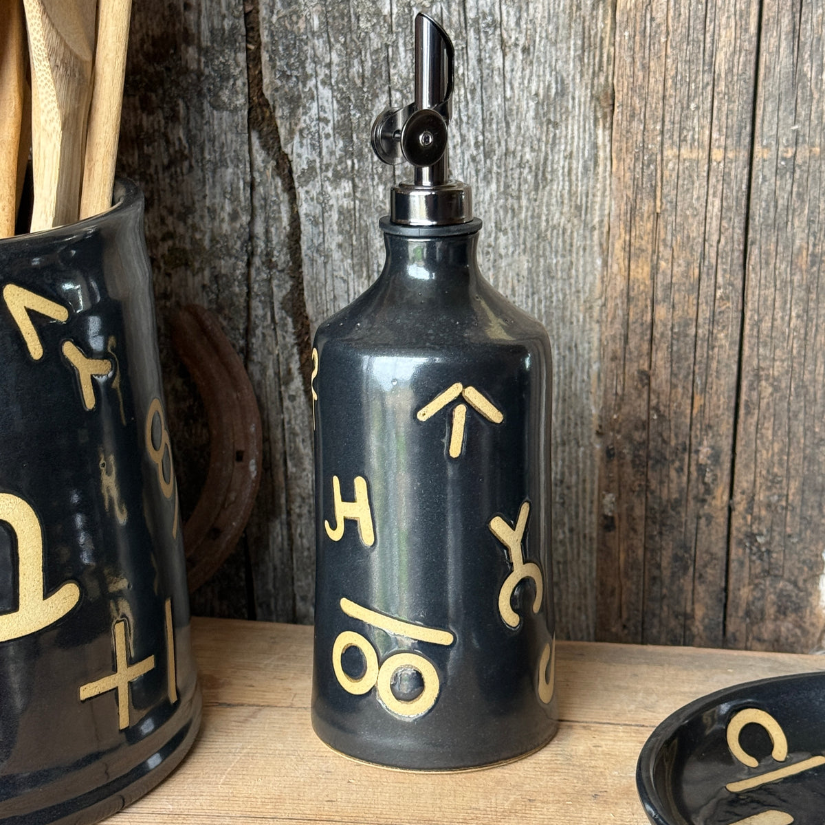Kitchen Utensil Crock, spoon rest and oil bottle- Gunmetal Branded