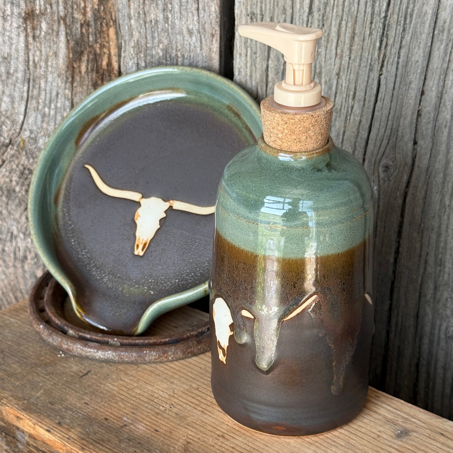 Soap dispenser and spoon rest -  skull Sagebrush and Leather