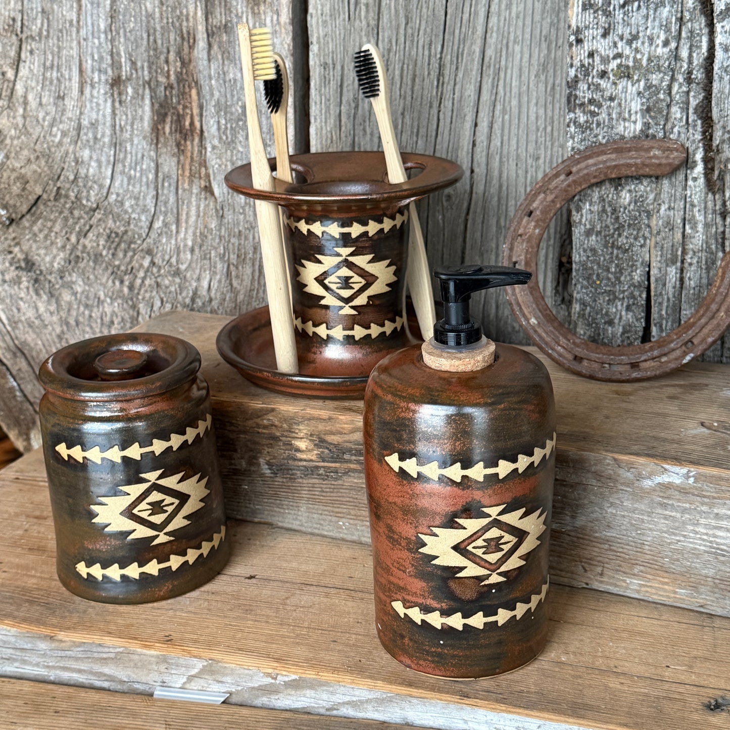 Bathroom Set of 3 - Soap Bottle, canister, and toothbrush holder - Southwestern Copper