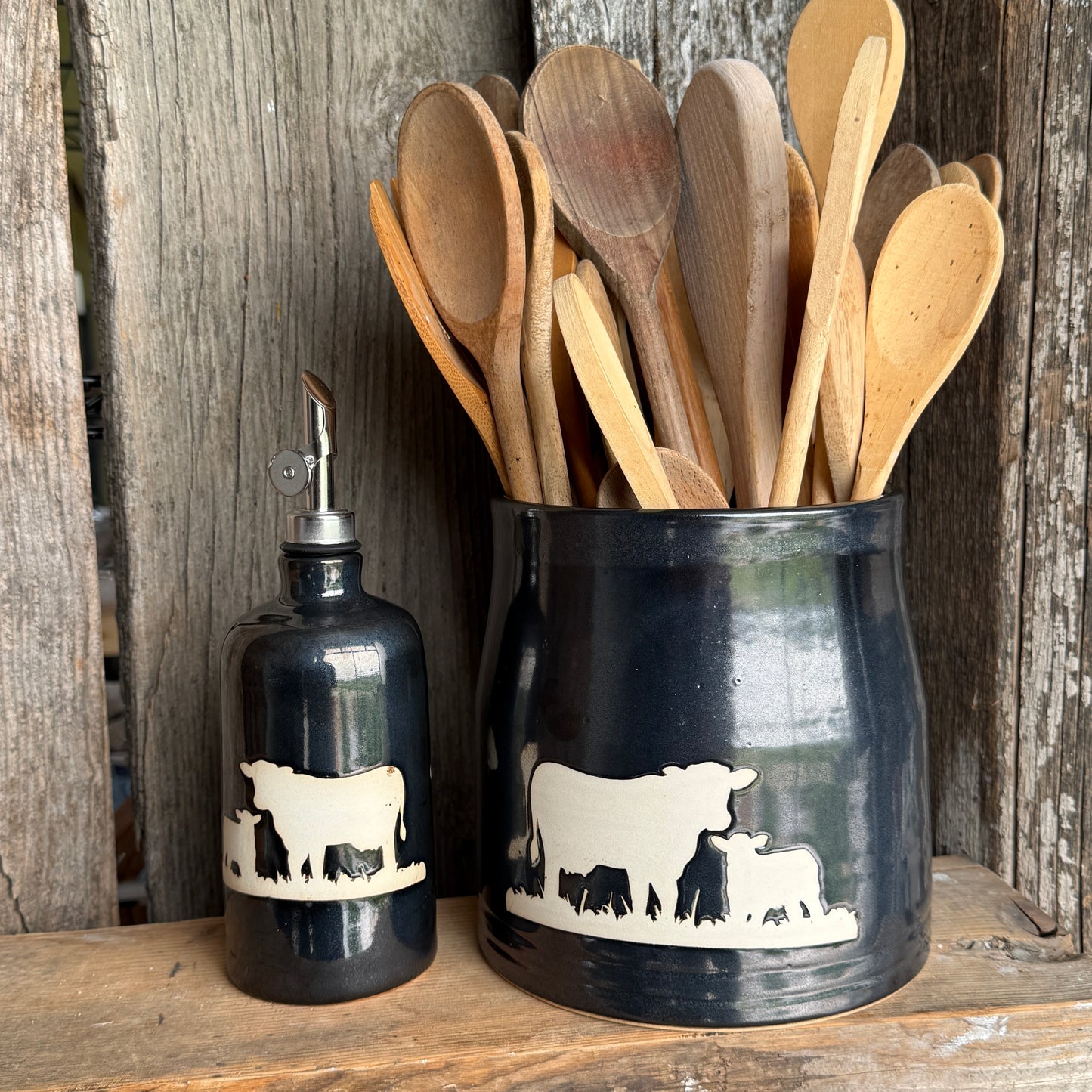 Kitchen Utensil Crock, spoon rest and soap dispenser- gunmetal cattle