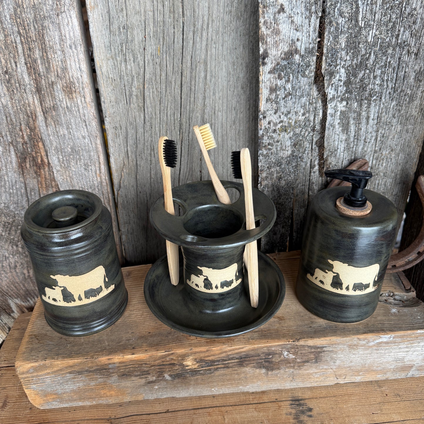 Bathroom Set of 3 - Soap Bottle, canister, and toothbrush holder - Cattle Chicory