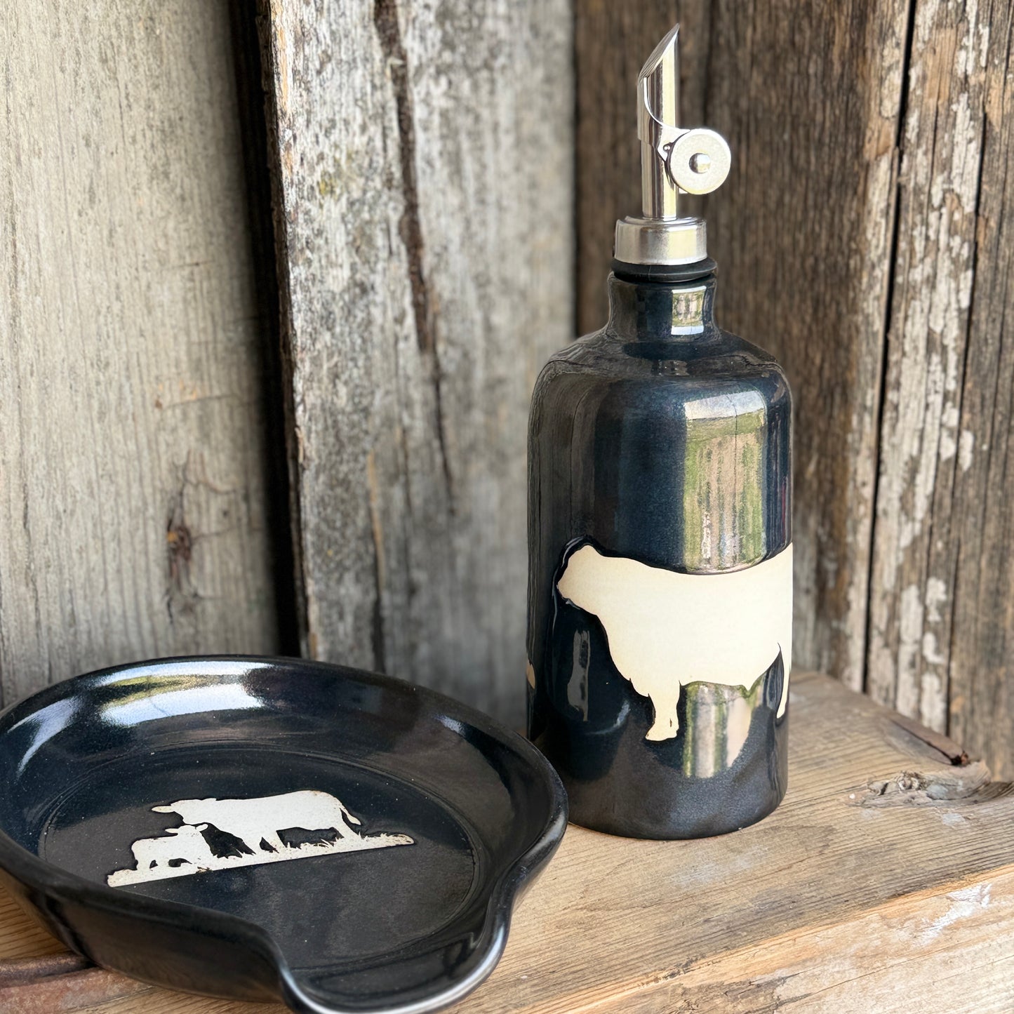 Kitchen Utensil Crock, spoon rest and soap dispenser- gunmetal cattle