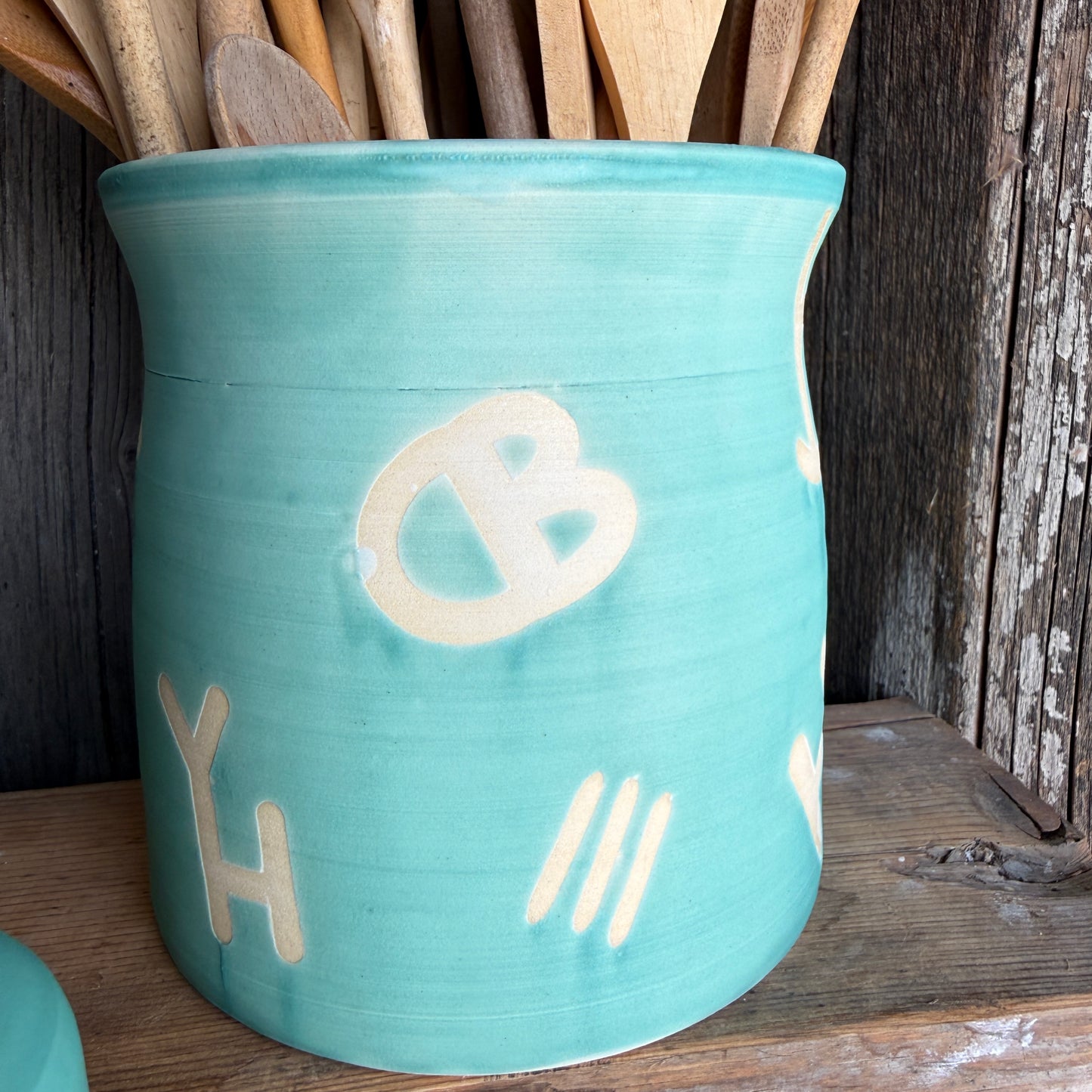Kitchen Utensil Crock, spoon rest and Oil Bottle - turquoise
