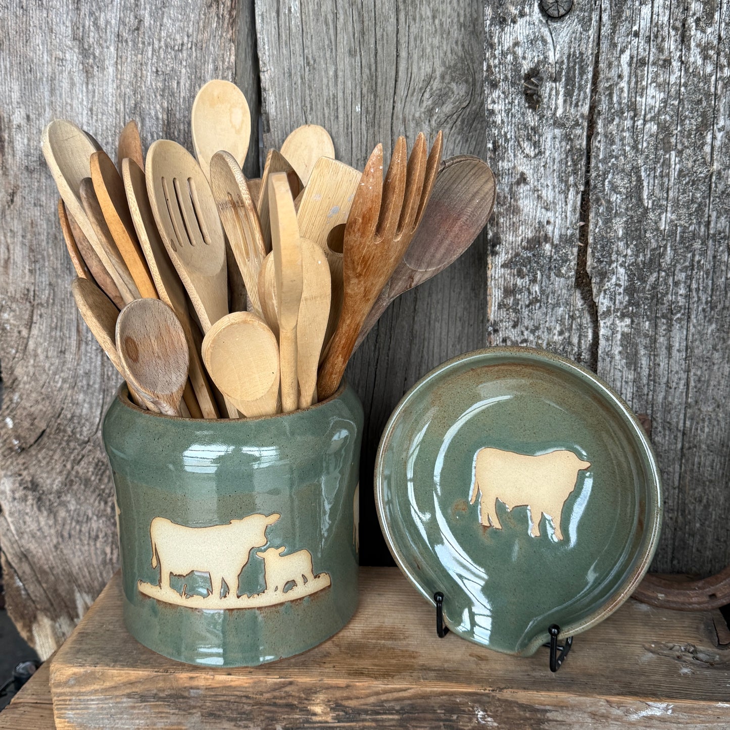 Kitchen Utensil Crock, spoon rest and soap dispenser Cow Calf Sagebrush