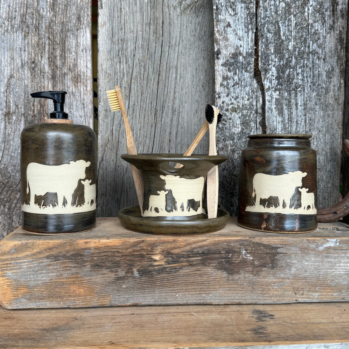 Bathroom Set of 3 - Soap Bottle, canister, and toothbrush holder (regular and electric)  - Cow Calf