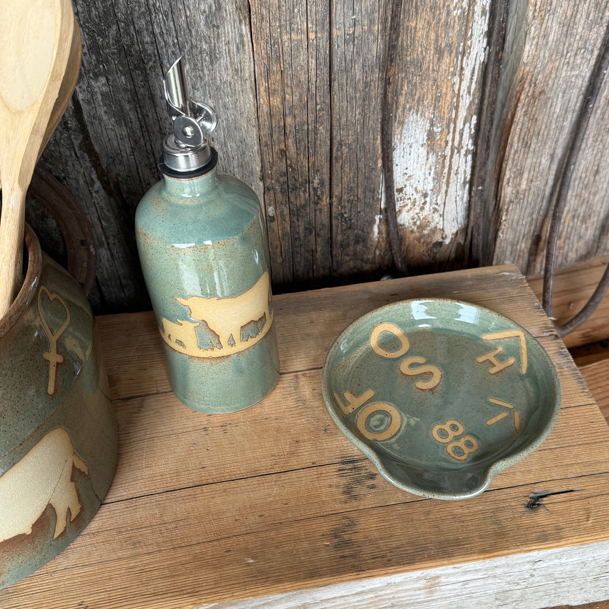 Kitchen Utensil Crock, spoon rest and oil bottle- Sagebrush Branded Cattle
