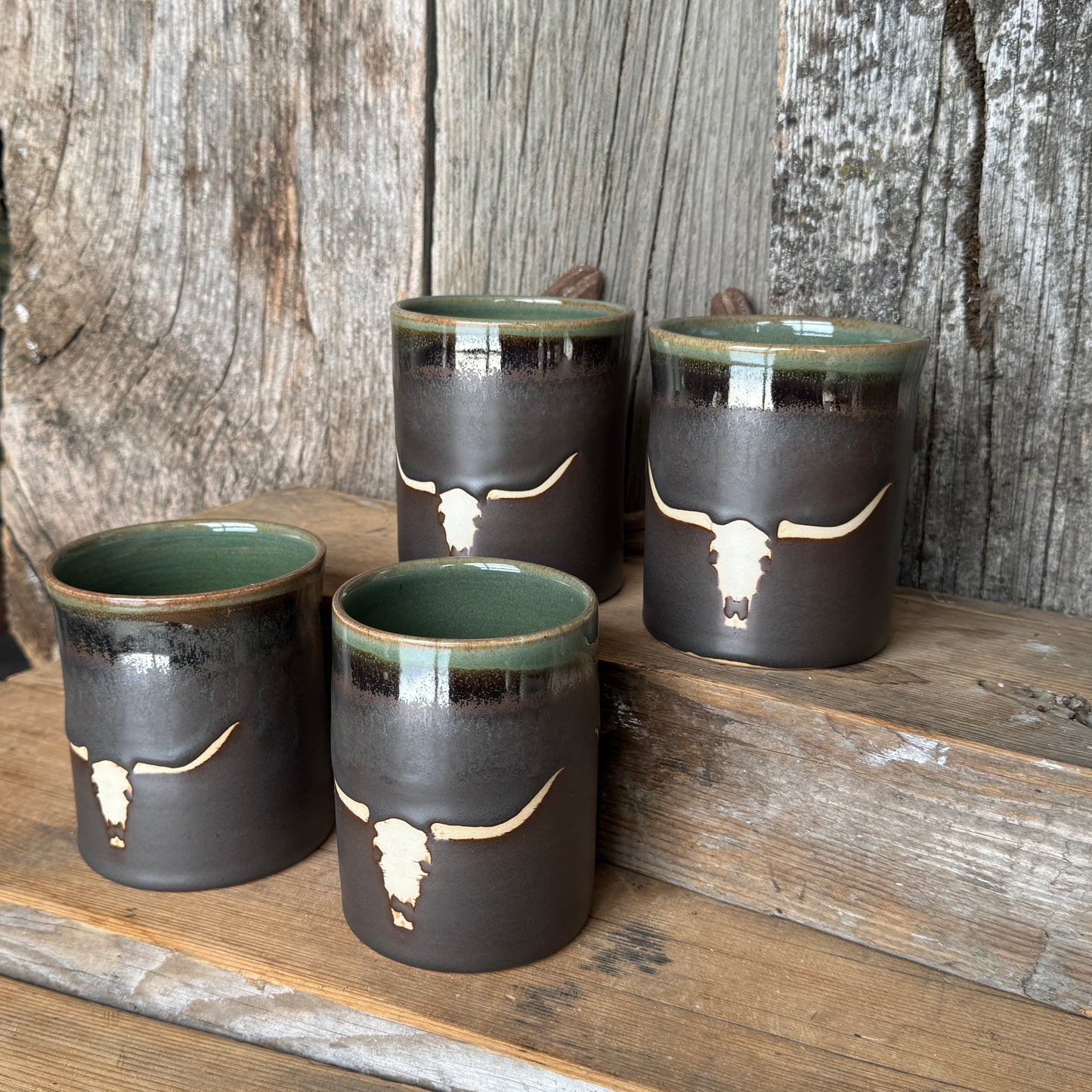 Cup Set of 4 - Longhorn Leather and Sagebrush