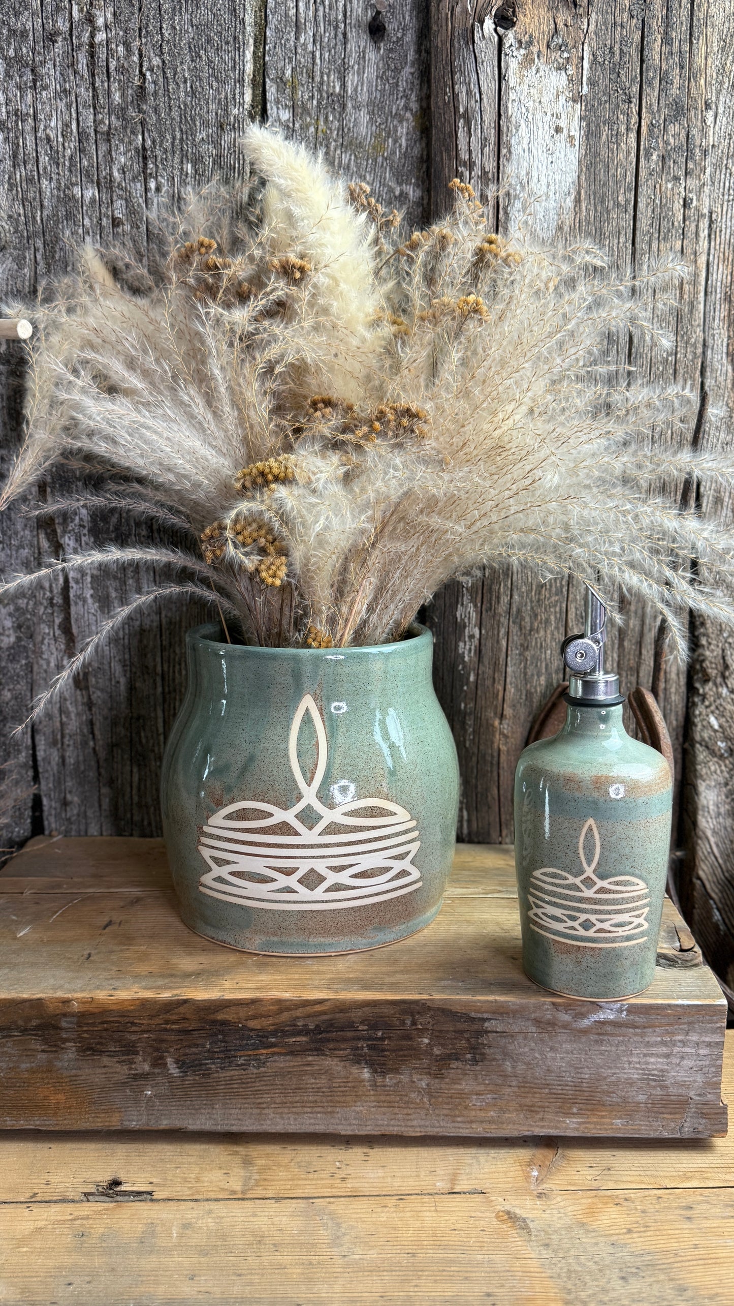 Kitchen Utensil Crock and oil bottle  - Bootstitch Sagebrush