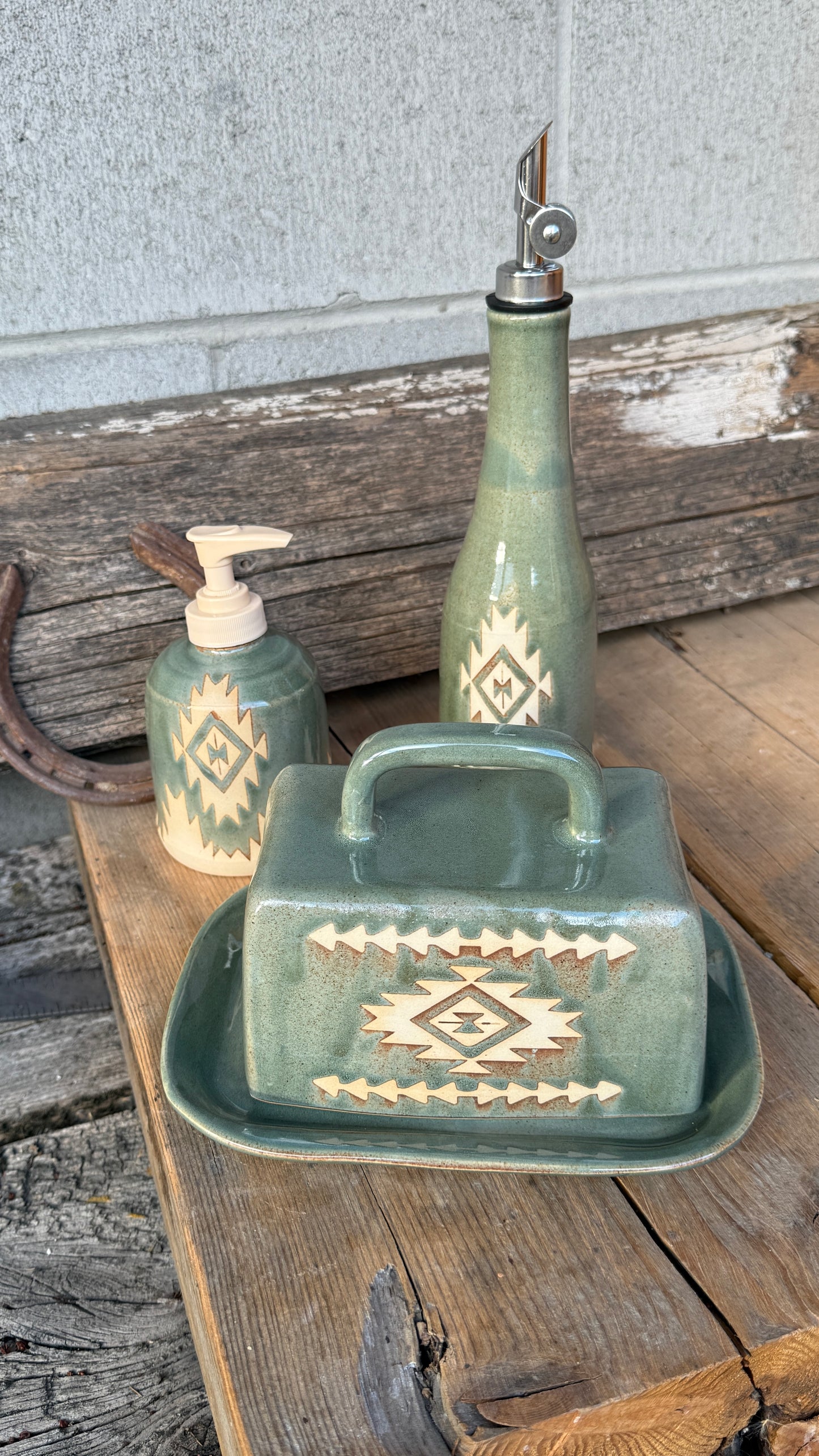 Set- Southwestern Butter dish, soap dispenser and oil bottle