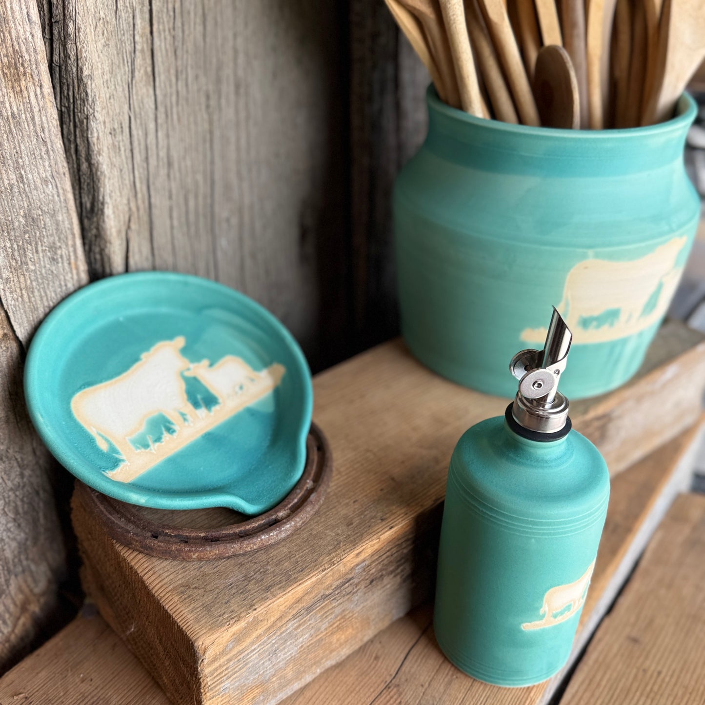 Kitchen Utensil Crock, spoon rest and Oil Bottle - turquoise cattle