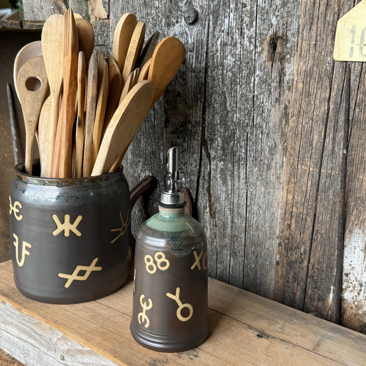 Kitchen Utensil Crock,and Oil Bottle - Leather/ Sagebrush Branded