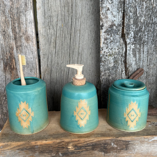Bathroom Set of 3 - Soap Bottle, canister, and electic toothbrush holder - Southwestern Turquoise