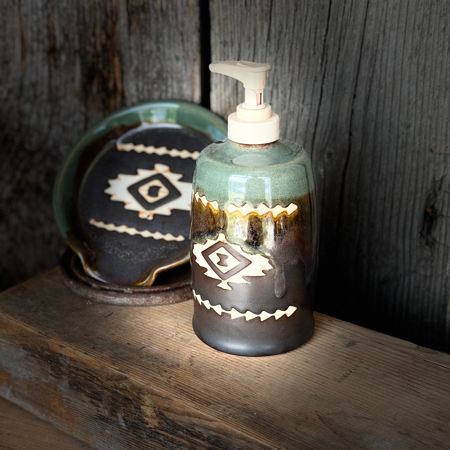 Soap dispenser and spoon rest -  southwestern Sagebrush and Leather
